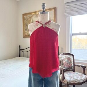 red halter chiffon top  Y2K red ribbed chiffon halter going out top